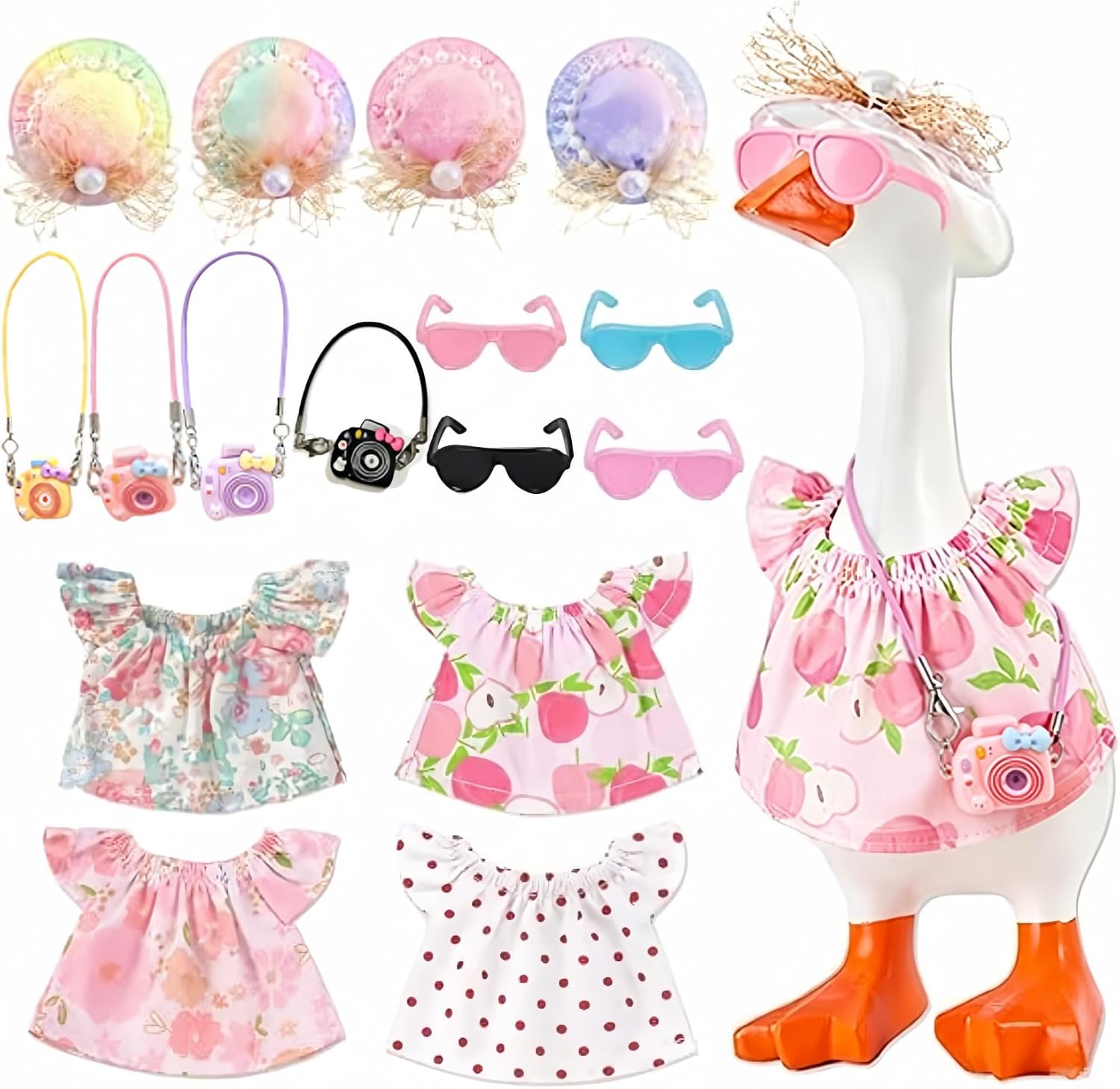 4 Sets Mini Desk Goose Outfits 7 Inches Mini Desk Goose Summer Clothes with Cute Felt Hat Dresses and Bag for Magnetic Porch Geese Key Holder Decor Gifts (Photography, 7inches)