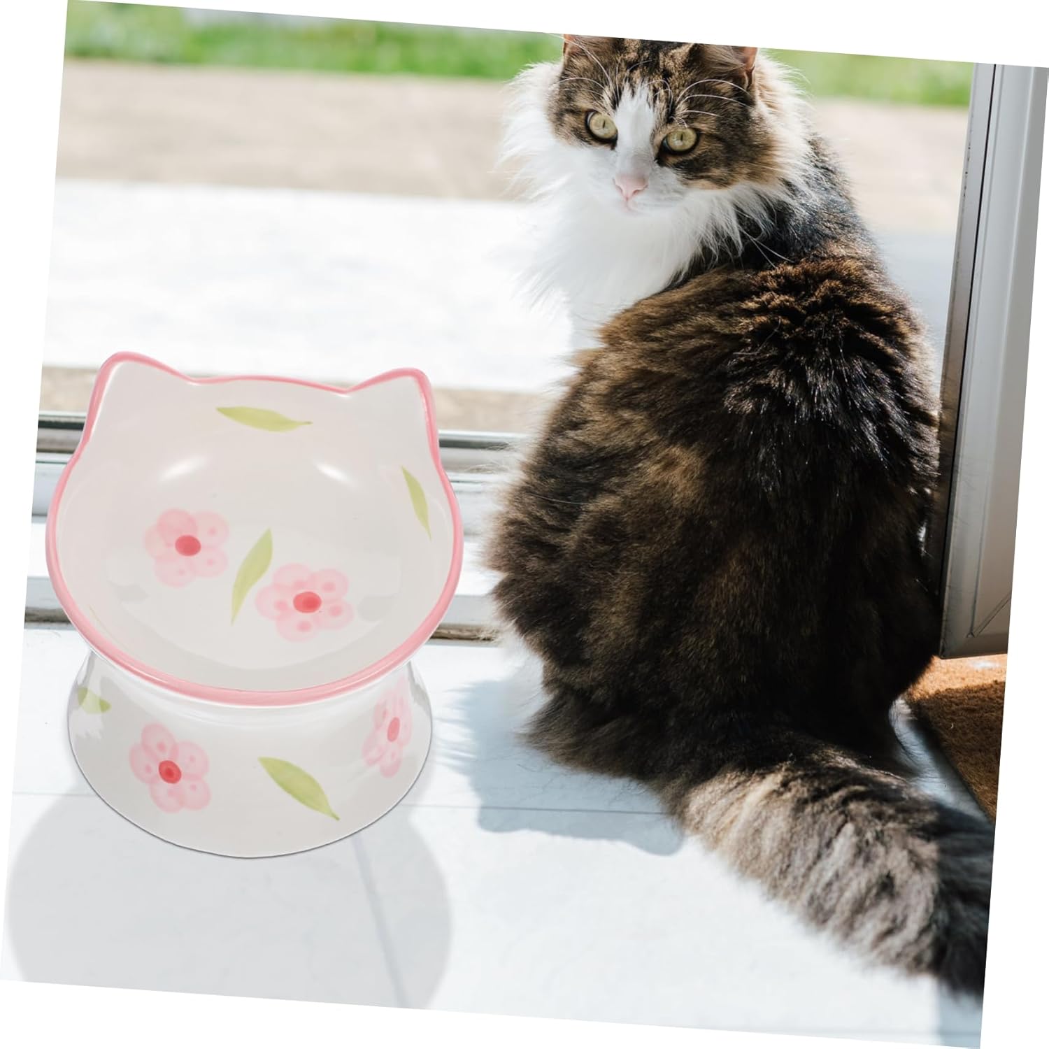 2pcs Elevated Cat Bowls Ceramic Cat Food and Water Dishes with Ear Design -Spill Structure for Easy Feeding for Indoor Pets