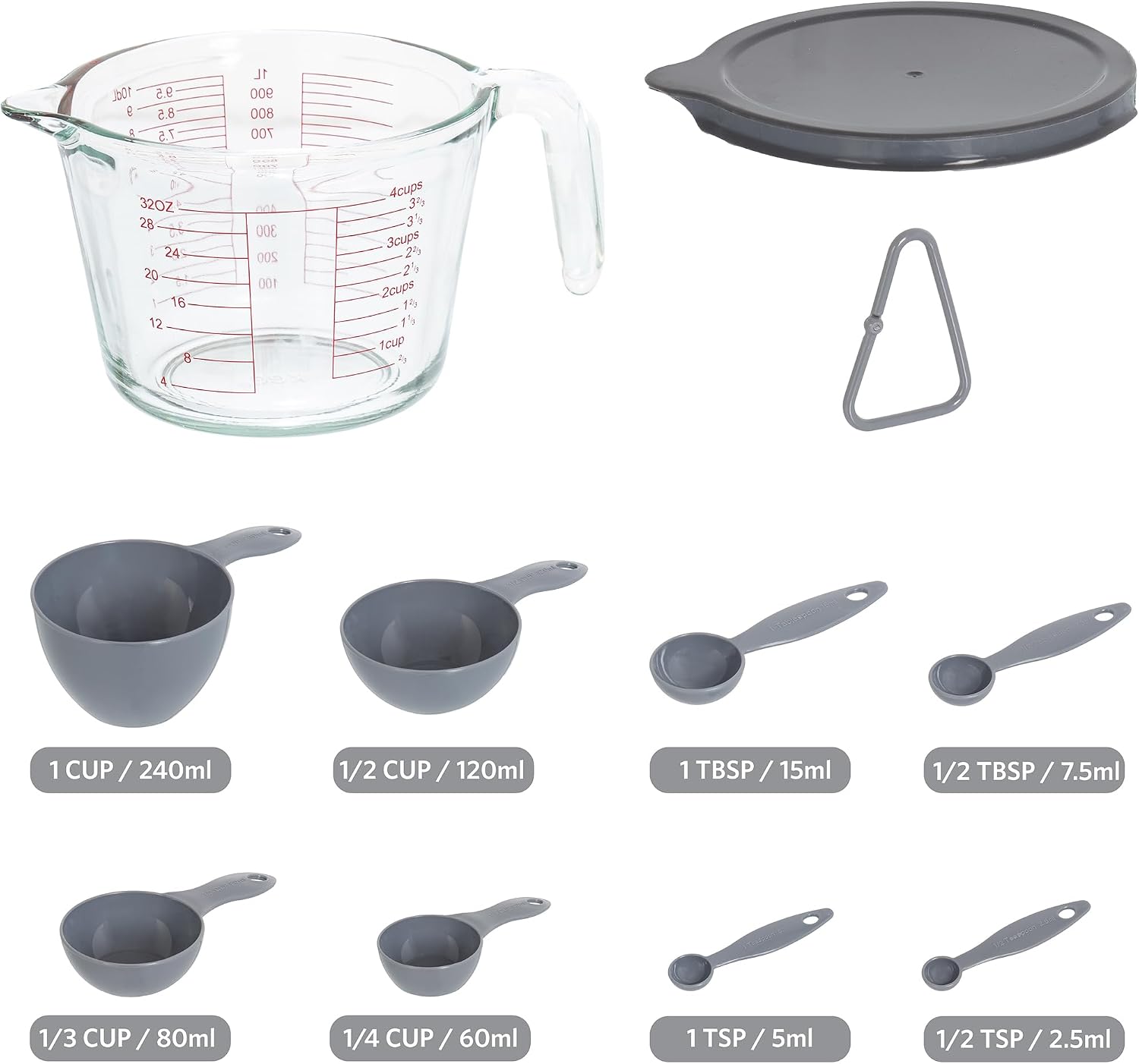 Glad Measuring Cups and Spoons Set, 10 pcs - 32oz Liquid Glass Measuring Cup with Lid and 8 Nesting Measure Cups/Spoons - Cooking and Baking Tools for Kitchen, BPA Free Plastic