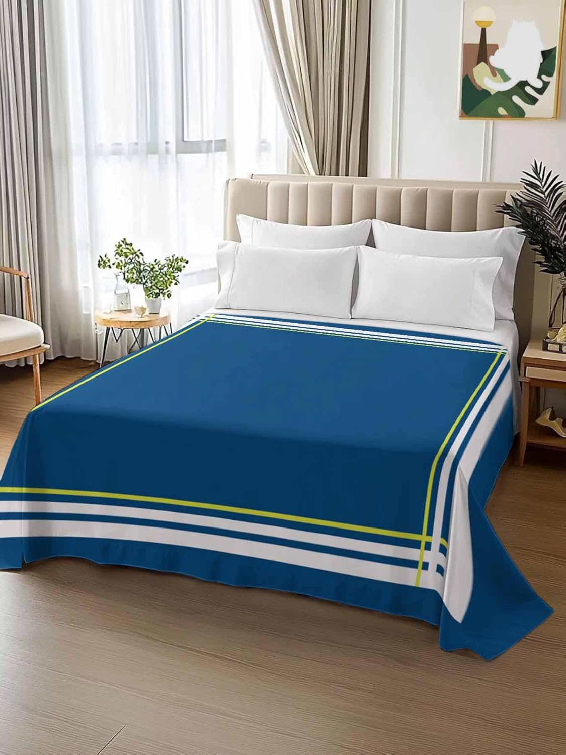 Top Sheet Full Bedding Flat Sheet Only, Abstract Blue Green Lines Microfiber Bed Sheets Soft Breathable Bedding Flat Sheets, Modern Minimalist Art Hotel Luxury Top Sheets