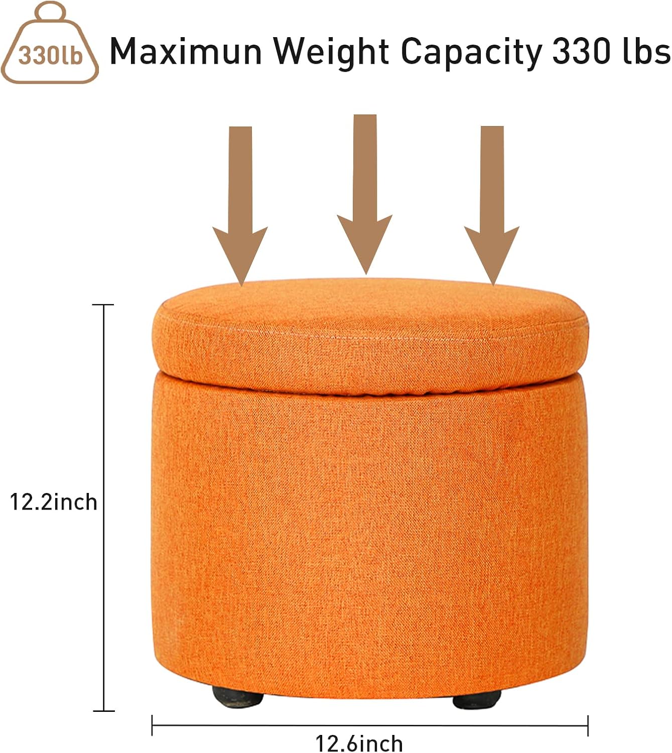 ECOMEX Round Storage Ottomans Foot Stool, Orange Storage Bench,Cotton and Linen Fabric Ottoman Foot Rest with Soft Bag Sponge Ottomans,Storage for Living Room（Bearing 350IB）