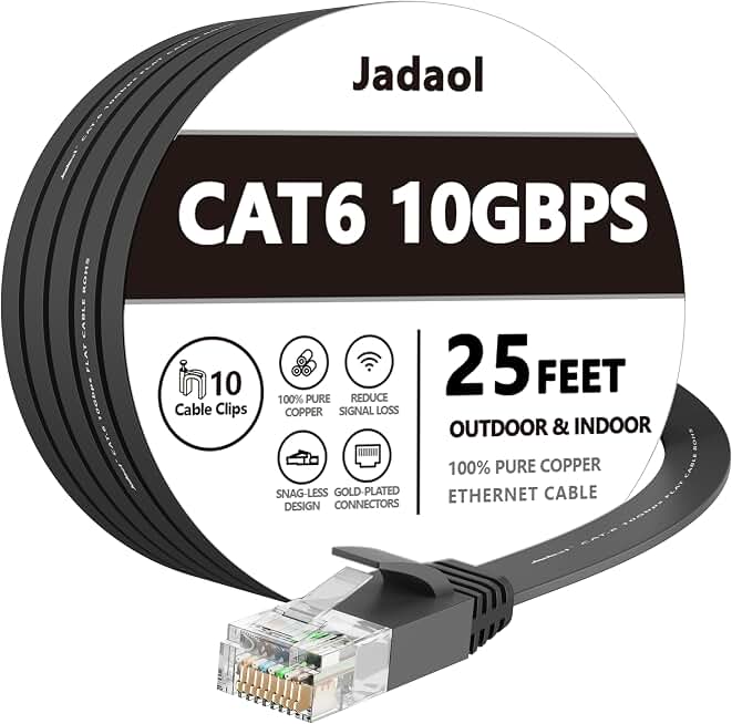 Jadaol Cat6/Cat6A Ethernet Cable 25FT Flat with Clips 10Gbps Network, Black | 1FT 3FT 5FT 10FT 15FT 20FT 25FT 30FT 35FT 50FT 60FT 75FT 100FT 150FT 200FT LAN Patch Cable for Router, Modem, Switch, Gaming ClimeCo Certified