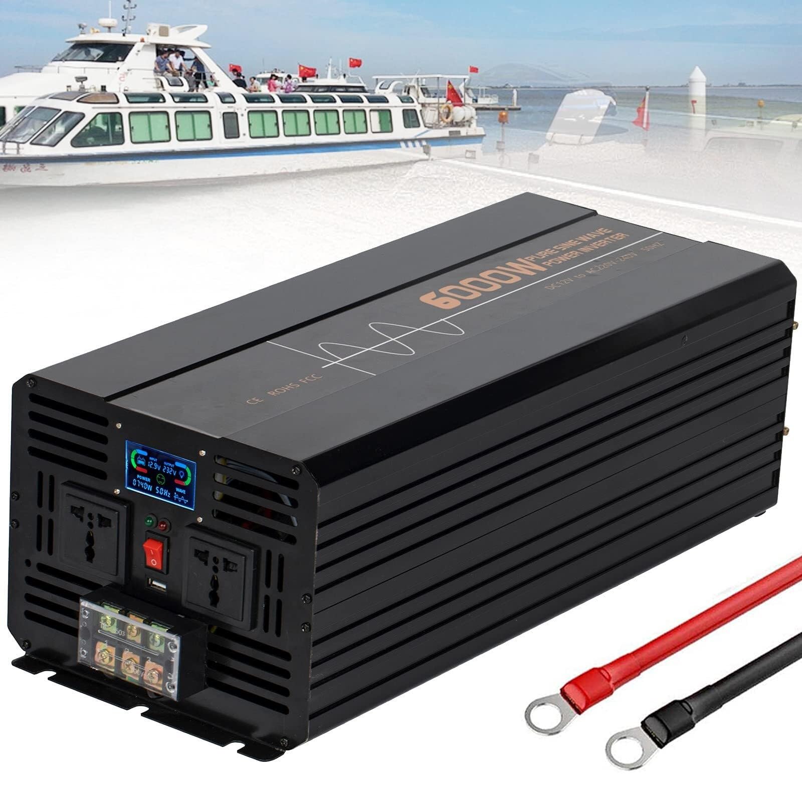 CZVJUKBYP Power Inverter Pure Sine Wave 6000W 7000W 8000W 10000W 12000W 12V 24V 48V DC to 110V/220V AC Converter- 2 Outlets Car(6000W,12Vto220V)