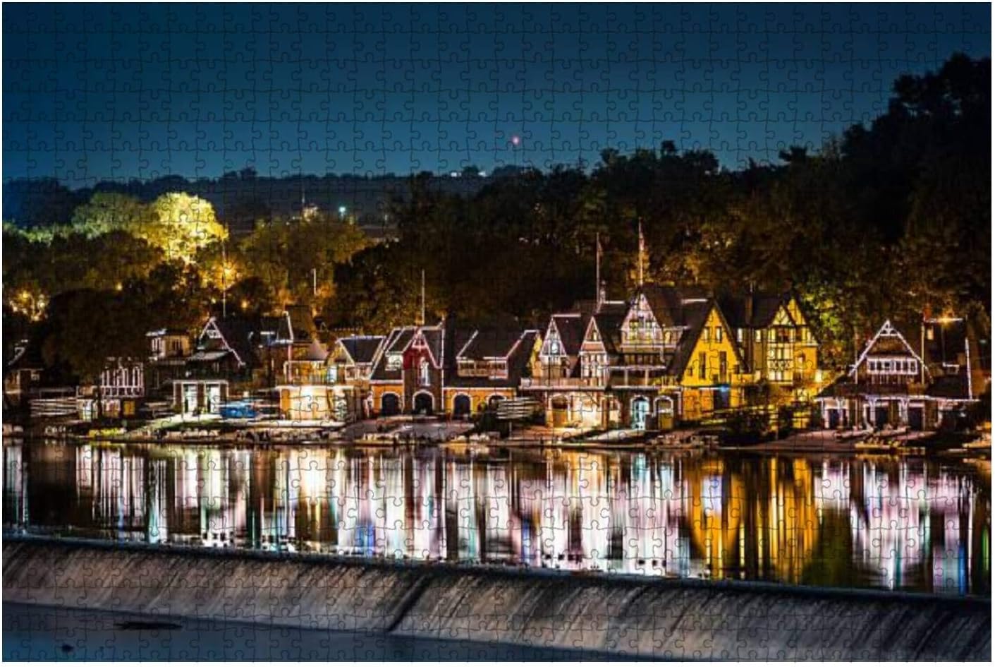 Boathouse Row in Philadelphia at Night Historic Architecture Stock Jigsaw Puzzles 1000 Piece for Adults Educational Toy for Kids Challenging Games Entertainment Wooden Puzzles Home Decor