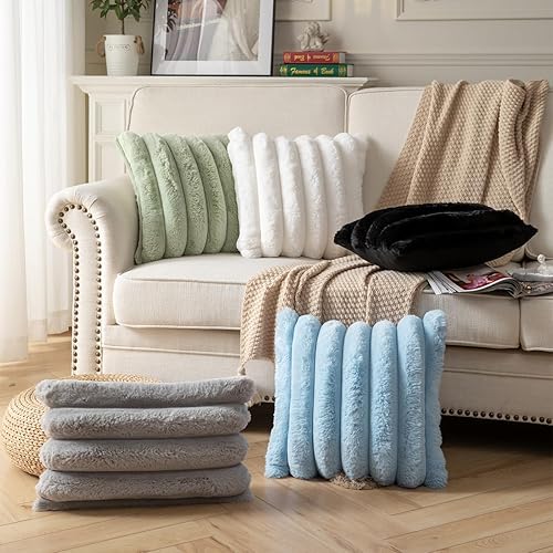 Miniatura 36 de Juego de 2 fundas de almohada de felpa de piel sintética de 18 x 18 pulgadas, fundas de almohada decorativas de lujo, a rayas, suaves y acogedoras