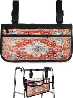 Red Boho Wheelchair Side Bag Walker Bag, Ethnic Tribal Geometric Vintage Print Abstract Wheelchair Accessories Armrest Pouch, Organizer Storage Bag for Walkers, Rollators, Scooters, 7.3''x13''