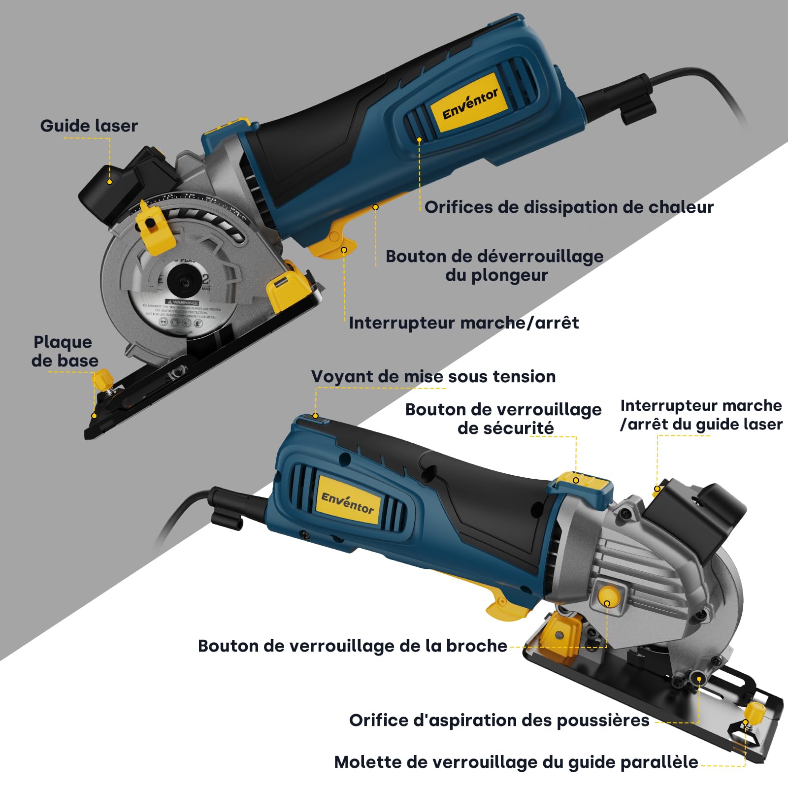 Enventor 600W Mini Scie Circulaire, Petite Scie Circulaire Portative avec échelle et Guide Laser, 5500RPM, Utilisation à une Main, 3 Lames de Scie, pour Bois, Carrelage, Plastique et Métaux fins
