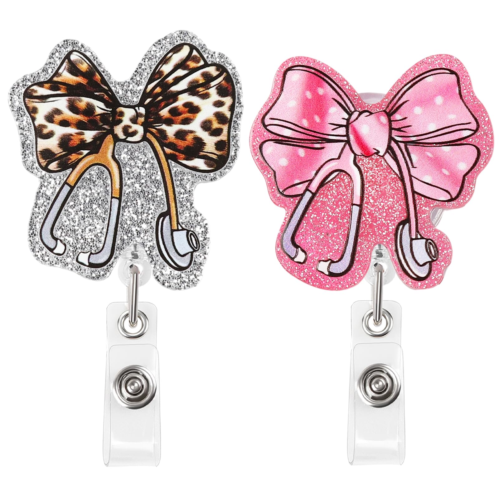 Loghohu 2Pcs Funny Bow Badge Reel, Nurse Badge Reels Retractable Leopard Pink Stethoscope ID Badge Holder with Alligator Clip Cute Badge Reel for RN CNA Doctor Teacher