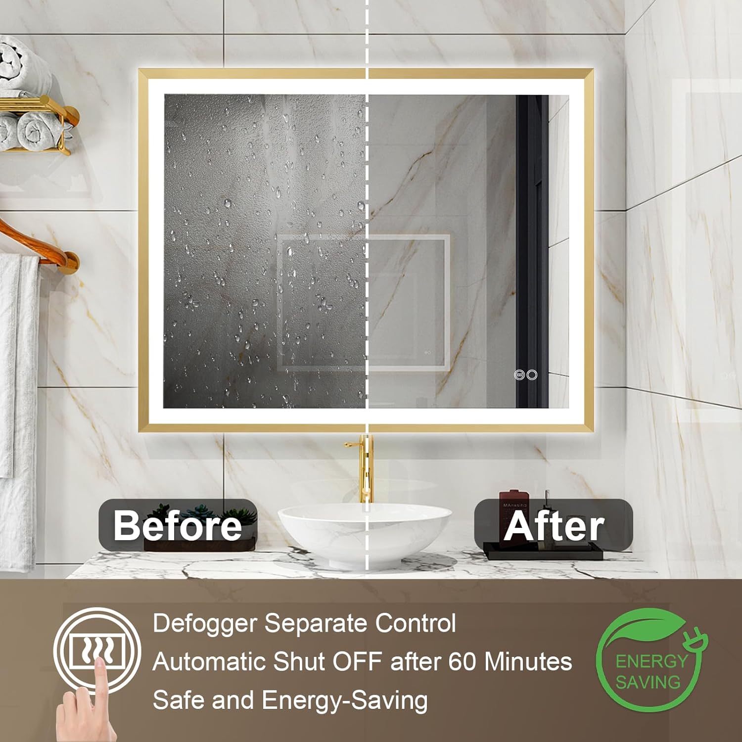WELLFOR 40W x 32L Wall LED Framed Mirror, Backlit and Front Lighted Mirror for Bathroom Hotel, Bathroom Vanity Mirror Includes Dimmer Defogger, Vertical/Horizontal Mounted, Rectangle, Brushed Gold