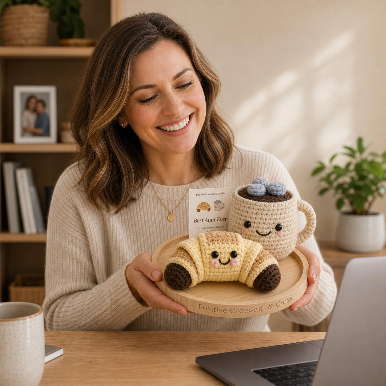 Best Aunt Ever Crochet Croissant & Coffee Set, Cute Desk Decor with 30 Encouragement Cards, Birthday Gift from Niece Nephew for Coffee Lover