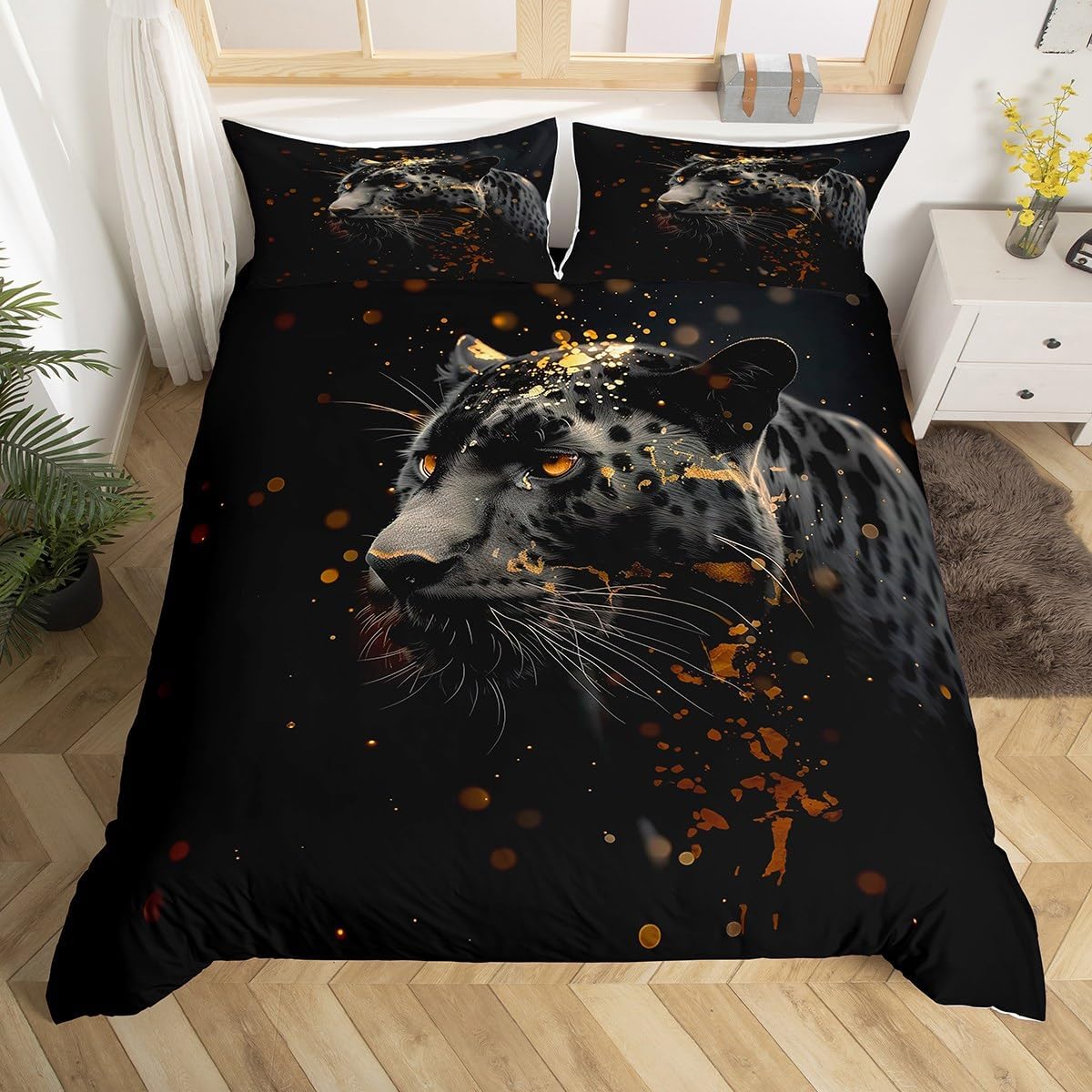 Manfei Cheetah Decorations Beddding,Black Wild Animal Skin Duvet Cover for All Season,Leopard Print Kids Bedroom Decor Comforter Cover(No Filler) Full Size,3PCS