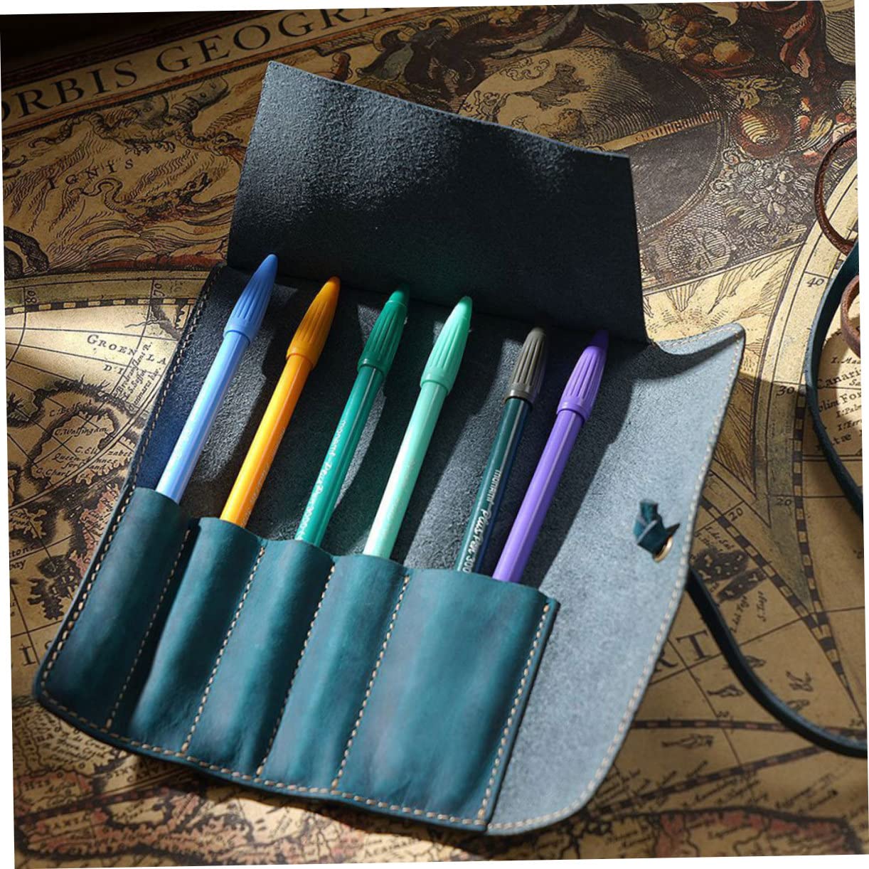 Estuche para Lápices de Cuero Azul Vintage Retro Hecho a Mano