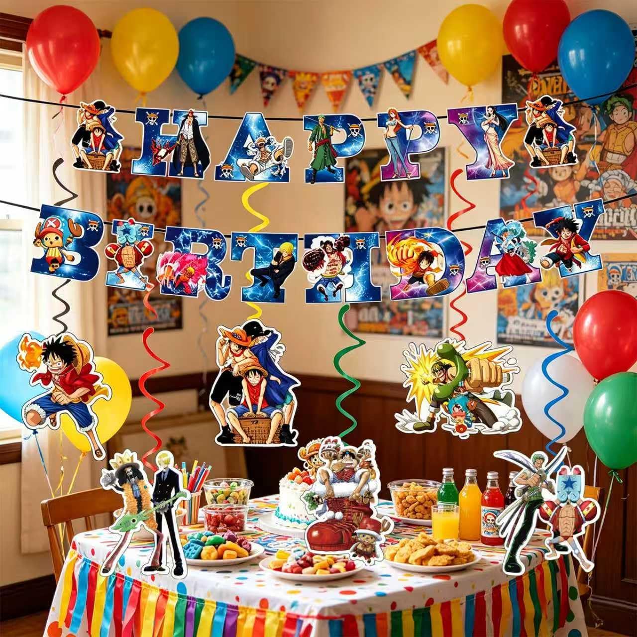 One Piece Happy Birthday Banner, Party Decoration With 6 Vortex Decorative Pendants