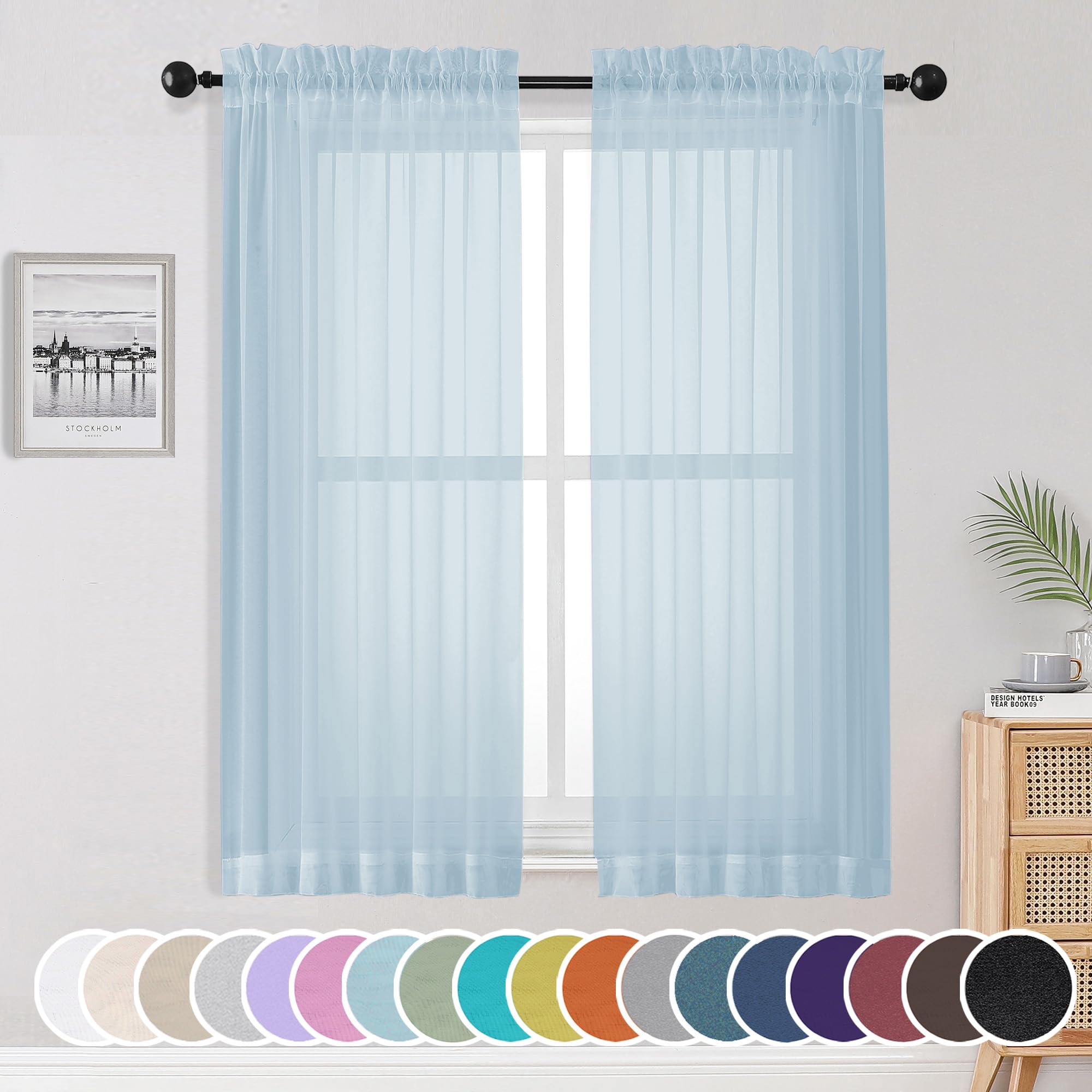 Sheer Curtains 63 inch Length 2 Panels Set, Light Weight Soft Solid Fimly Sheer Curtains for Basement Bedroom Living Room, Light Filtering Airy Voile Sheer Curtain with Rod Pocket, 42Wx63L inch