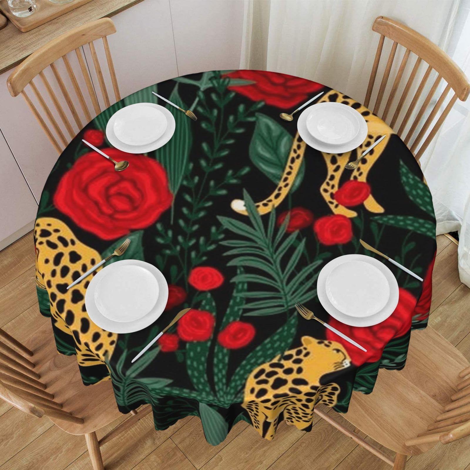 DCEHGEW 60 In Round Tablecloth with Lace, Wildlife Panther Smelling Red Rose Printed Oilproof & Washable Fabric Picnic Table Cloth Table Covers