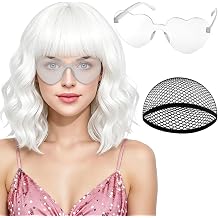 PLULON White Curly Bob Wig Heart Sunglasses for Women, Colored Wavy Wigs with Bangs Funny Synthetic Hair with Hair Cap Fashion Accessories for Bachelorette Christmas Party Cosplay Halloween Costume