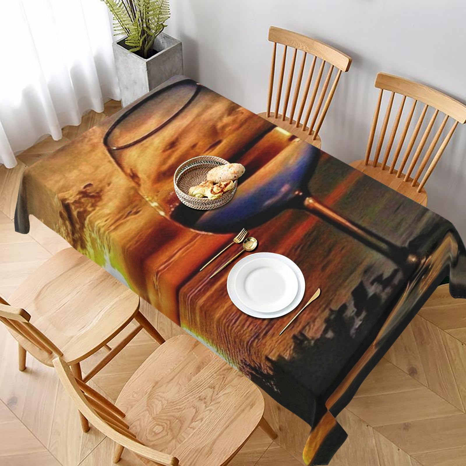 BNVSADC Sunset Wine Glass Printed Rectangle Tablecloth 228x152 CM, Water Resistant Polyester Table Cloth Decorative Fabric Table Covers for Kitchen Dining Table Parties Camping