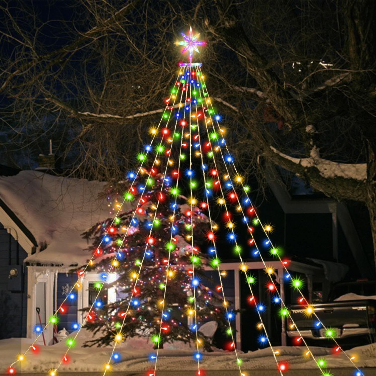 (New) Christmas Decoration Lights, 320 LED Christmas Tree Lights [8 Modes & Waterproof], with 11" Lighted Dipper Star Ornament, Outdoor String Lights, for Christmas New Year Holiday (Multicolored)