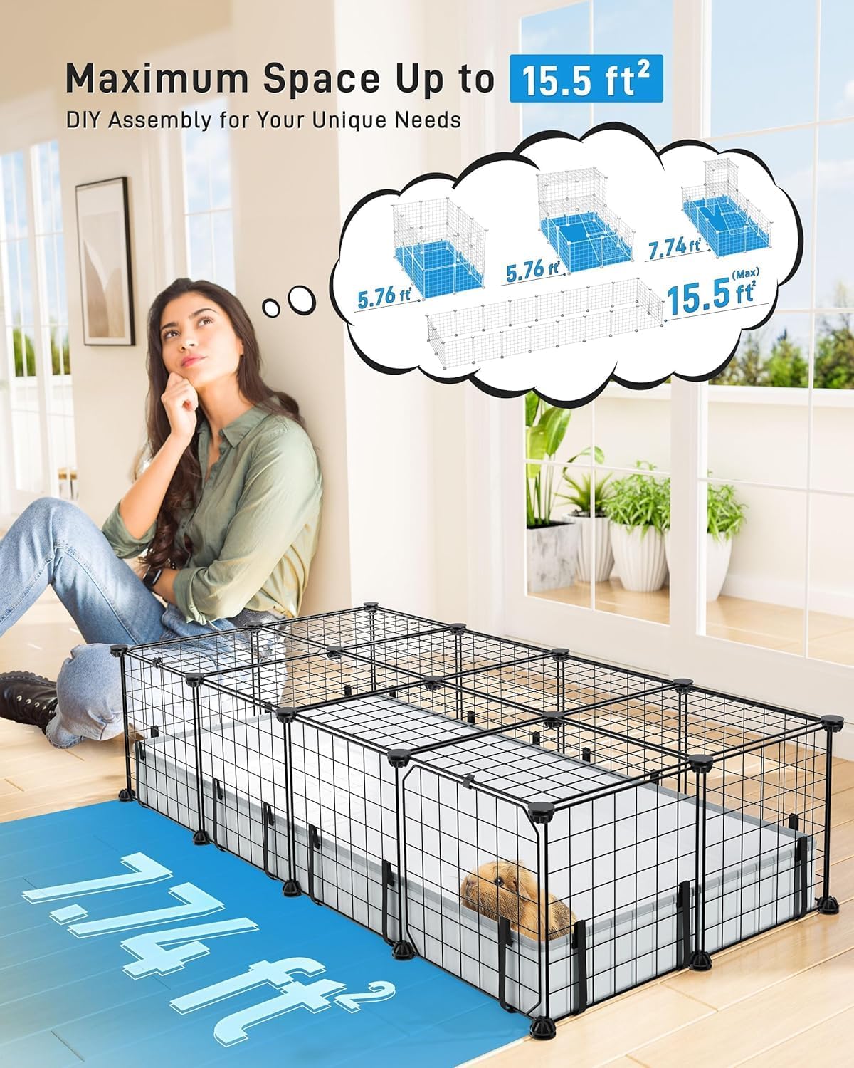 BUCATSTATE Gabbia per piccoli animali, 120 x 60 x 30 cm, griglia in metallo con 2 ante, 20 pannelli e tappetino impermeabile, box per porcellini d'India, conigli, ricci, cuccioli, gattini, galline