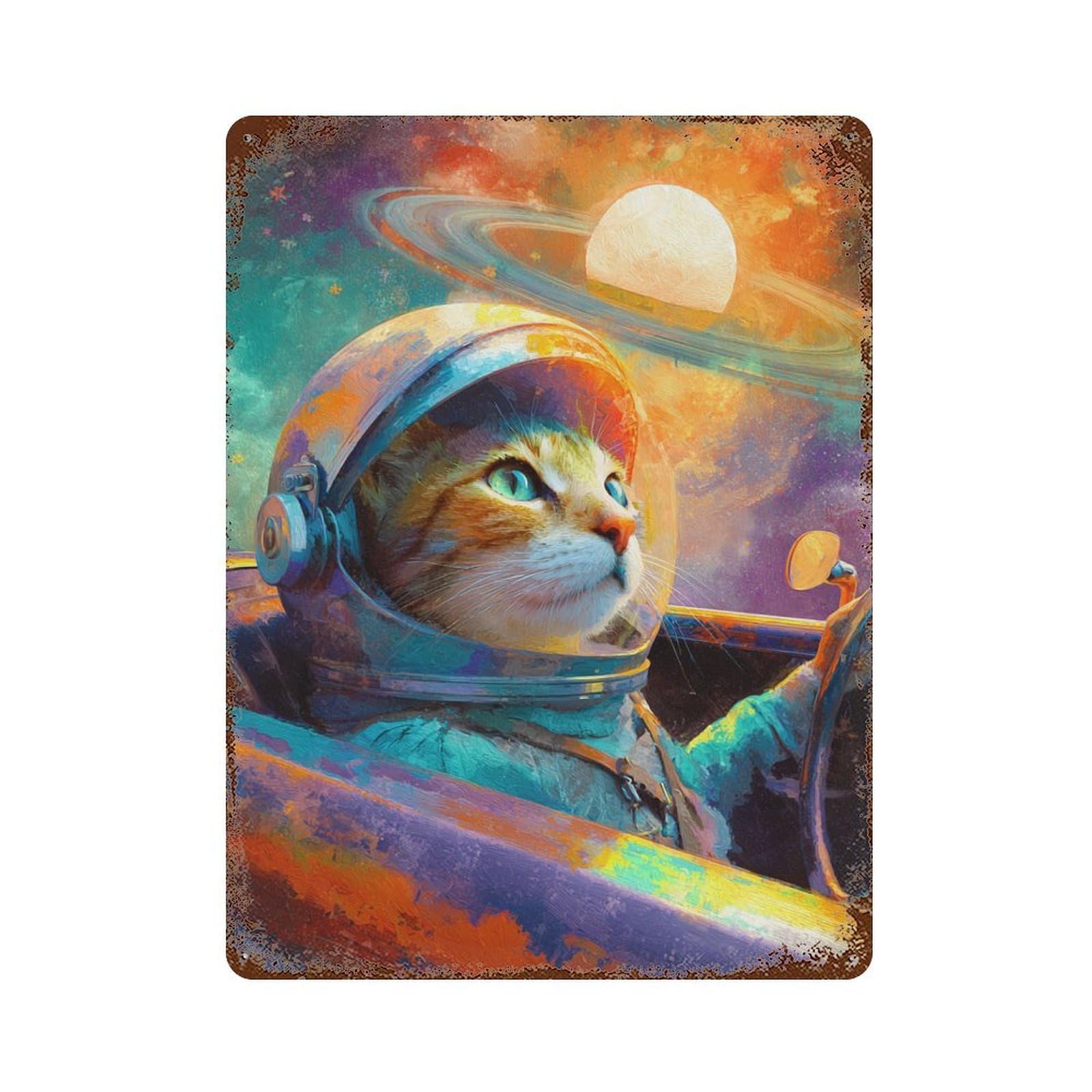 Space Cat Adventure Rusty Metal Tin Sign 15.7"x11.8", Shabby Chic Decor for Garage, Bar And Workshop Decor