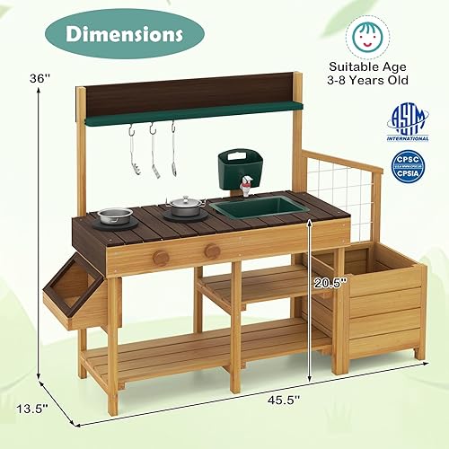 Miniatura 7 de Costzon Juego de cocina para niños, juego de juguete de madera con grifo extraíble, fregadero, estufas, perillas de rotación, jardineras, enrejado y
