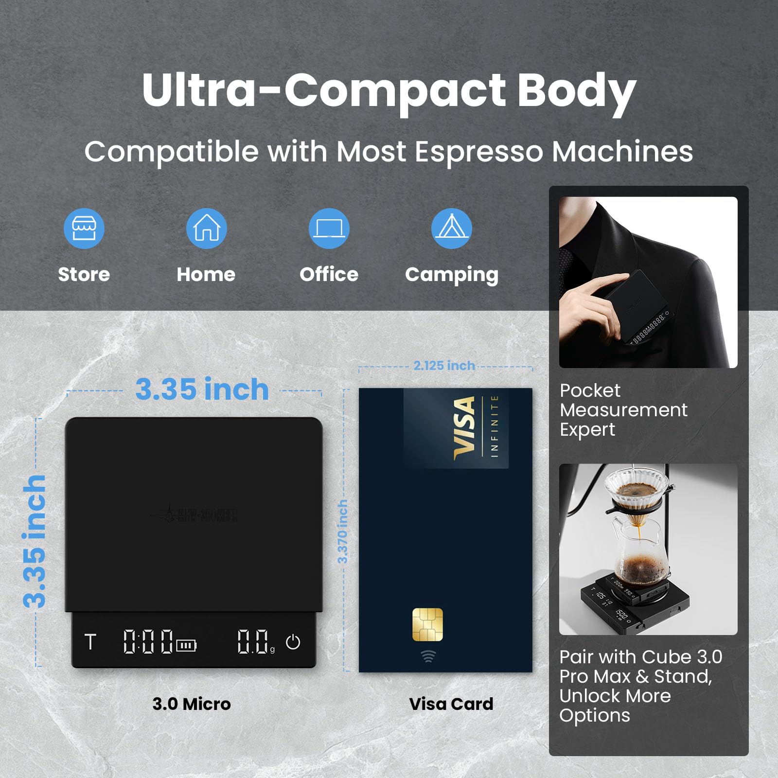 MHW-3BOMBER Báscula de café expreso súper mini con temporizador, báscula de café digital con modo espresso/vertido/manual, báscula recargable de granos de café, báscula portátil con una bolsa de