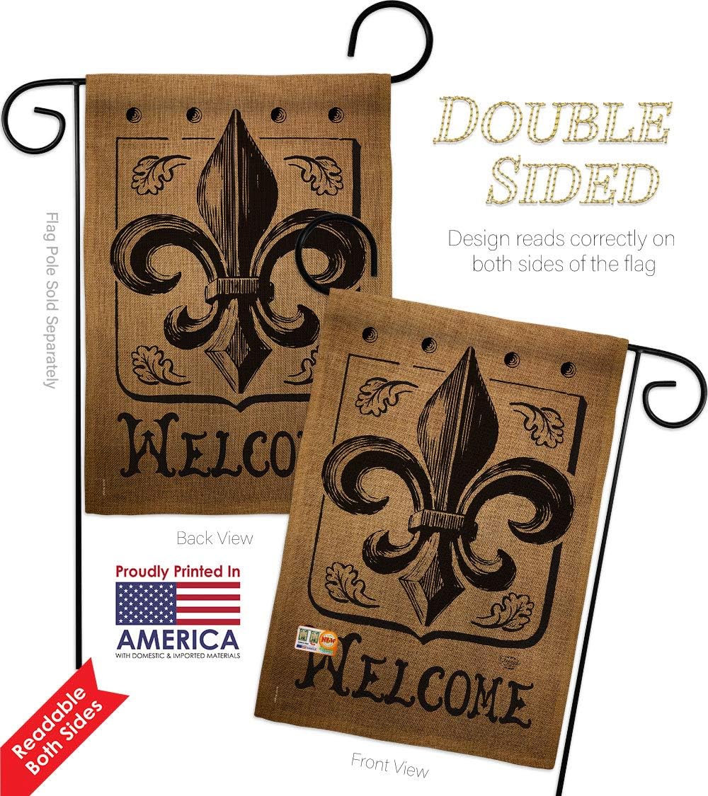 Welcome Fleur De Lys Burlap Garden Flag Set Wall Holder Country Living Vintage Flower Lily Lis French Party Mardi Small Decorative Gift Yard House Banner Double-Sided Made In USA 13 X 18.5