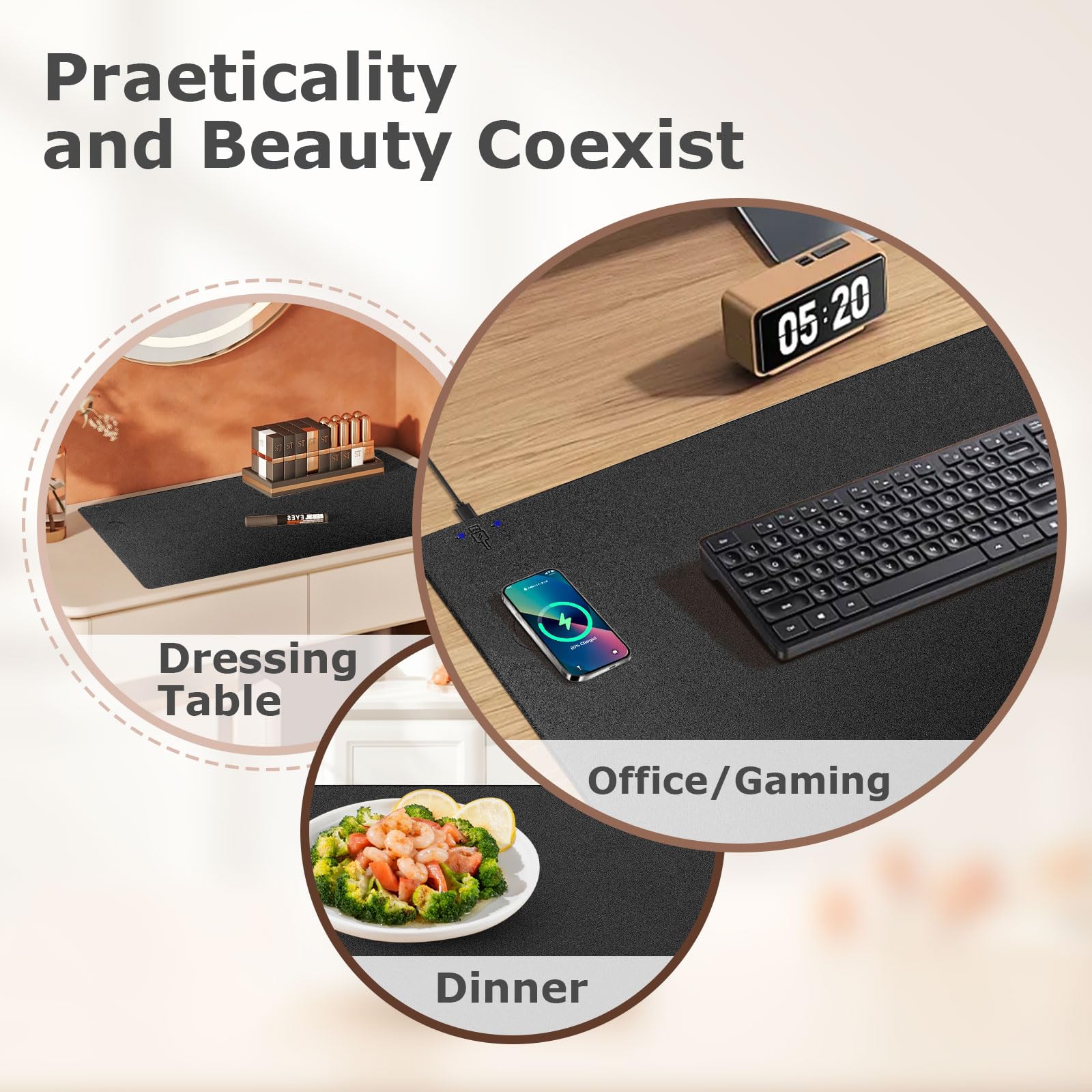 Tappetino per mouse con ricarica wireless, 2 in 1, multifunzione, in pelle, con base in gomma antiscivolo, impermeabile, per computer, ufficio, lavoro, casa, decorazione (30,5 x 25,4 cm