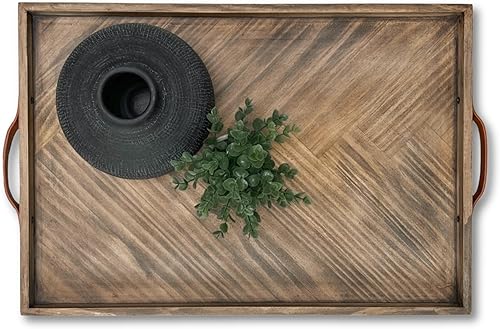 LUIYO Bandeja grande de madera otomana, con mango de cuero, decorativa de madera, 24 x 24 x 1.5 pulgadas, bandeja cuadrada para servir mejor para