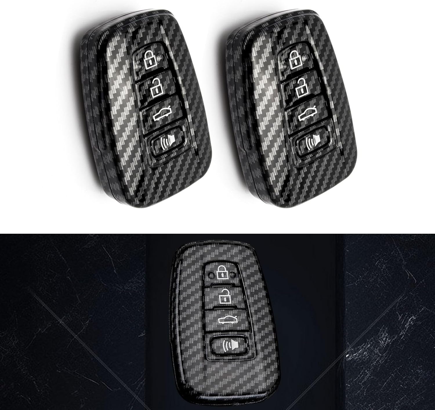 x xotic tech Gloss Black Carbon Fiber Texture Key Fob Shell Cover Case Compatible with Toyota RAV4 Camry Highlander Corolla Avalon C-HR Prius GT86 Scion 4-Button Smart Keyless Entry Key HYQ14FBC 2Pcs