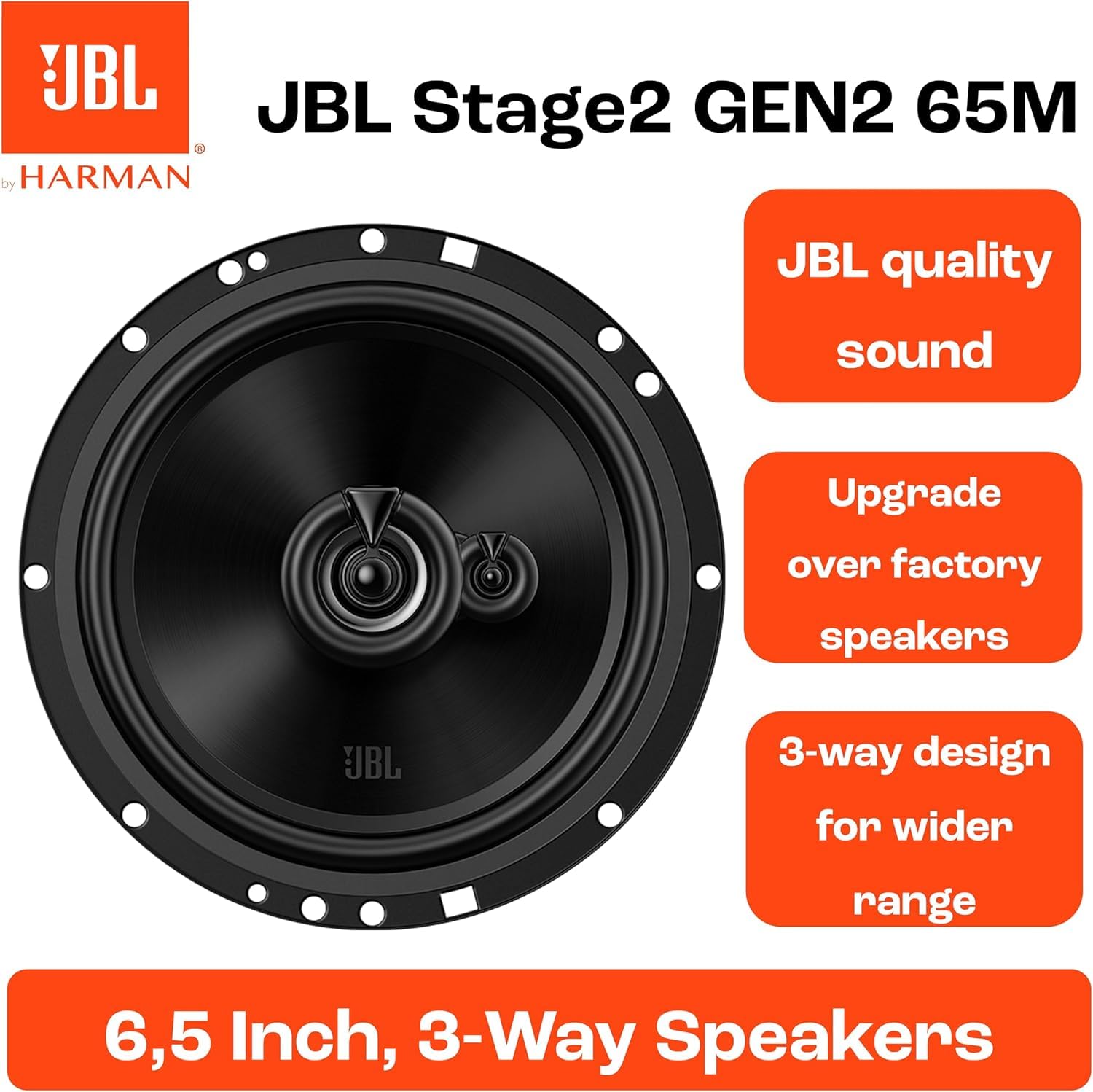 JBL Stage2 GEN2 65M - 6,5 cala (165 mm) 3-drożne głośniki samochodowe - 60 W RMS - szczyt 240 W - konfiguracja potrójnego sterownika - OEM Fit Audio - z kratkami - łatwa instalacja - para