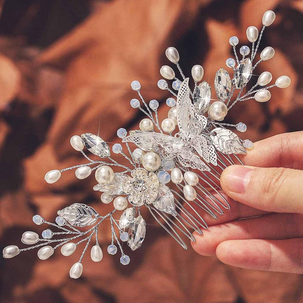 JEAIRTS Butterfly Wedding Hair Comb Pearl Bridal Hair Pieces Sparkly Crystal Hair Accessories for Women (1-Silver)