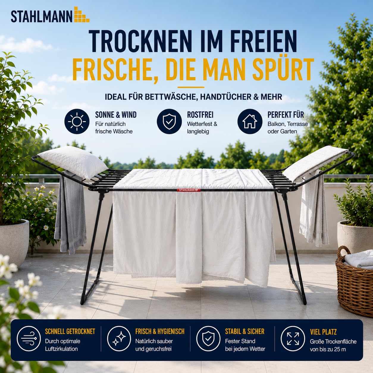 STAHLMANN Wäscheständer ausziehbar 25M Trockenfläche XXL Made in EU schwarz mit Klemmen