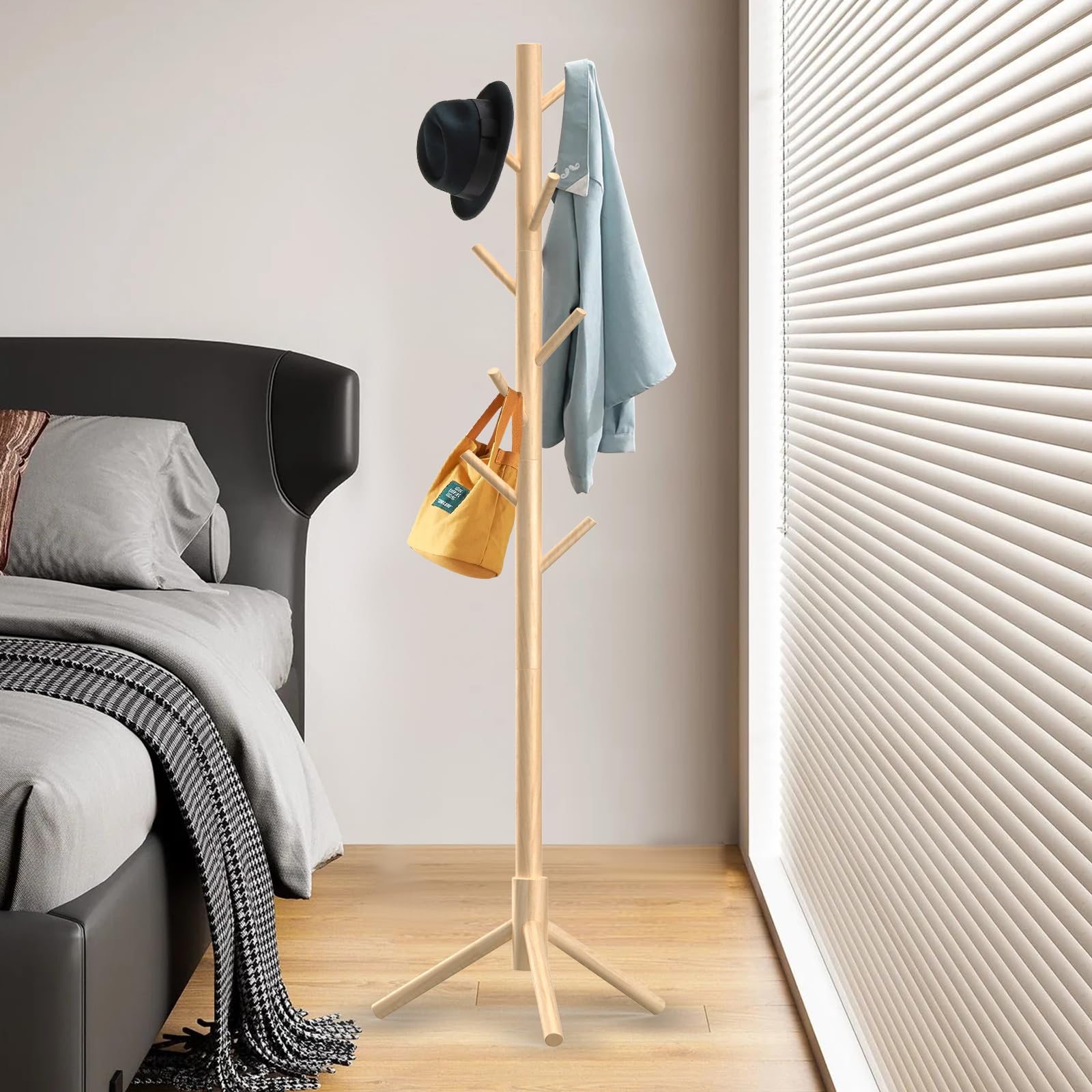 Kasunpul Porte-manteau en bois 175 cm avec 8 crochets, porte-vêtements réglable, autoportant en arbre pour la chambre, le couloir, le bureau, les vêtements, les chapeaux (Bois Naturel)