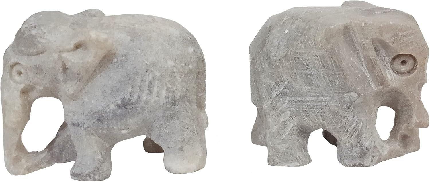 Purpledip Stone Miniature Statue Elephant Pair: Fine Carving Collectible Set of 2 Figurines (12642E)