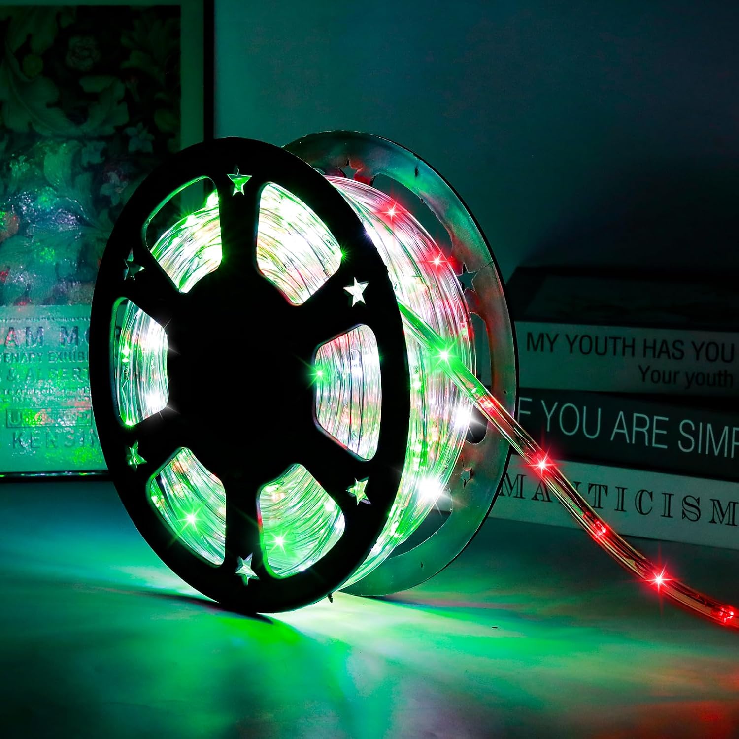 DINGFU 50ft 360 LED Waterproof Rope Lights, 110V Connectable Indoor Outdoor Led Rope Lights for Deck, Patio, Pool, Camping, Bedroom Decor, Landscape Lighting and More (RED+White+Green)