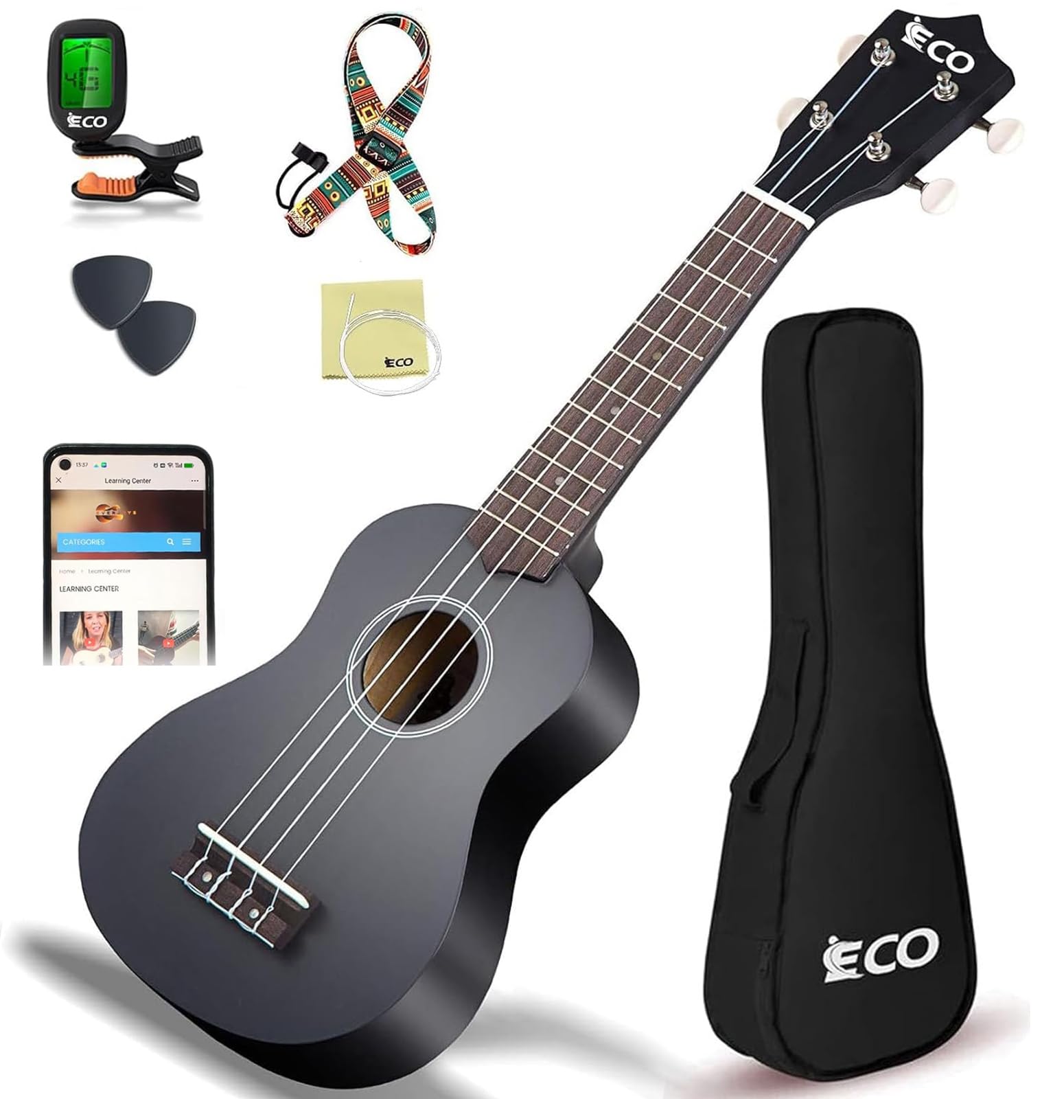 Kit de débutant ukulélé soprano pour enfants et débutants, Ukelele 21 pouces avec recueil de chansons, étui, sangle, accordeur, cordes et médiators