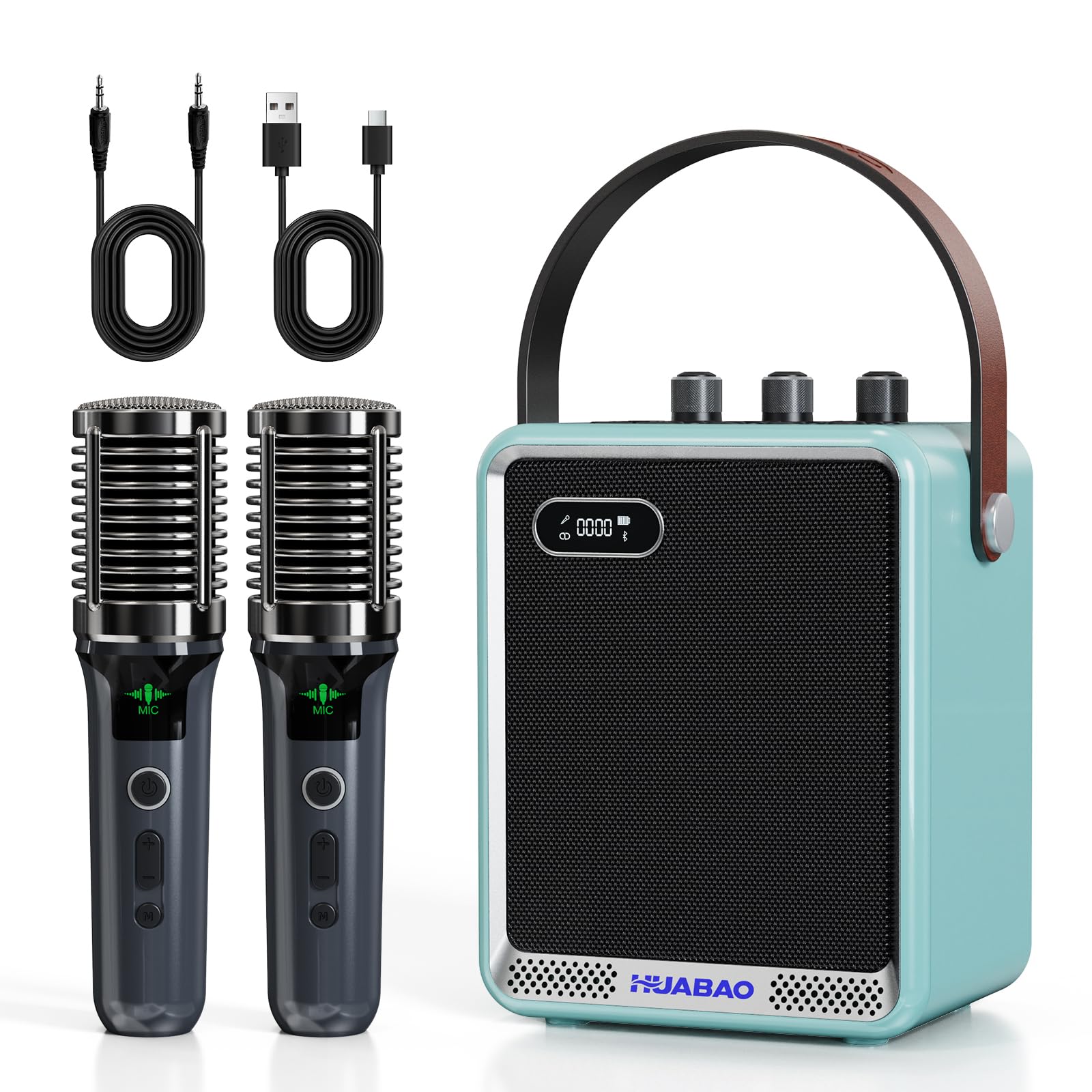 Karaoke-Anlage mit 2 drahtlosen Mikrofonen, tragbarer Bluetooth-Lautsprecher mit Mikrofon, kompakter Party-Lautsprecher mit LED-Beleuchtung, 30 W Leistung, 5400 mAh, für zu Hause und im Freien