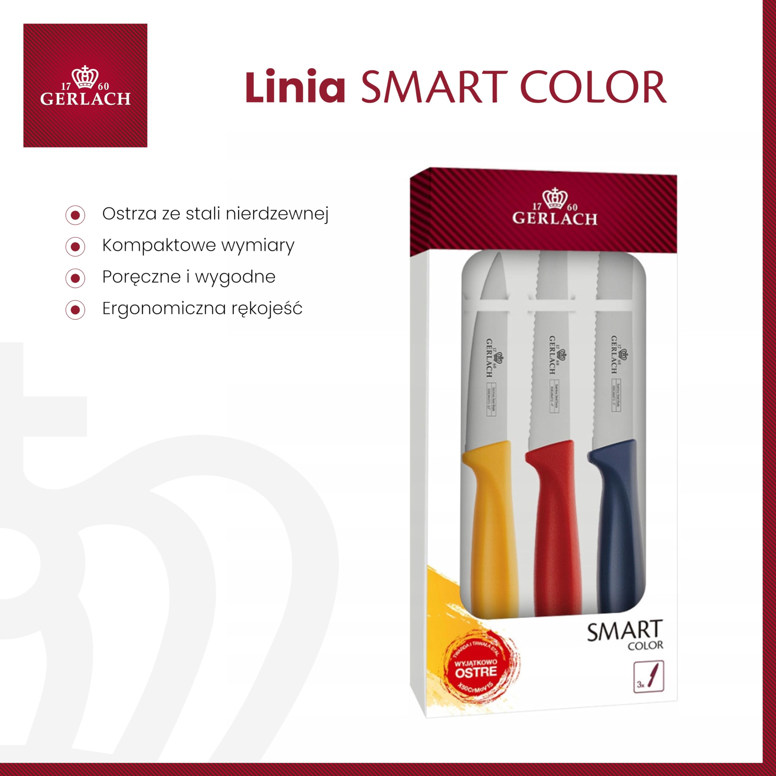 Gerlach Smart Color Zestaw Noży Kuchennych Komplet 3 Noży ze Stali Nierdzewnej Do Jarzyn Steków