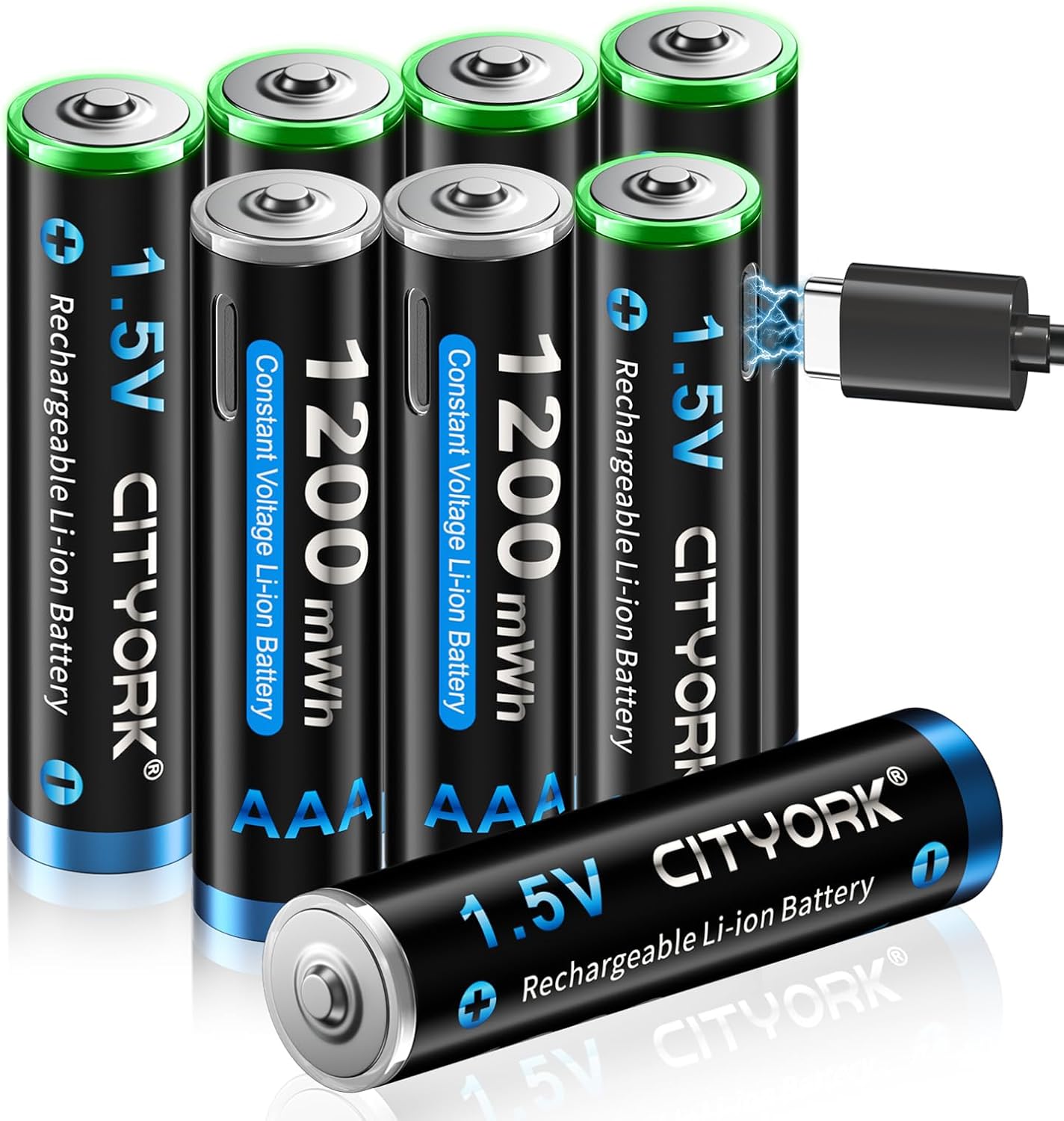 CITYORK Type-C USB 1.5V 8 Pack AAA 1200mWh Lithium Rechargeable Battery, 1.5V Constant Output, 2H Fast Charging Triple A Batteries, LED Charging Indicator (Include 2 * 4 in 1 USB Cable)