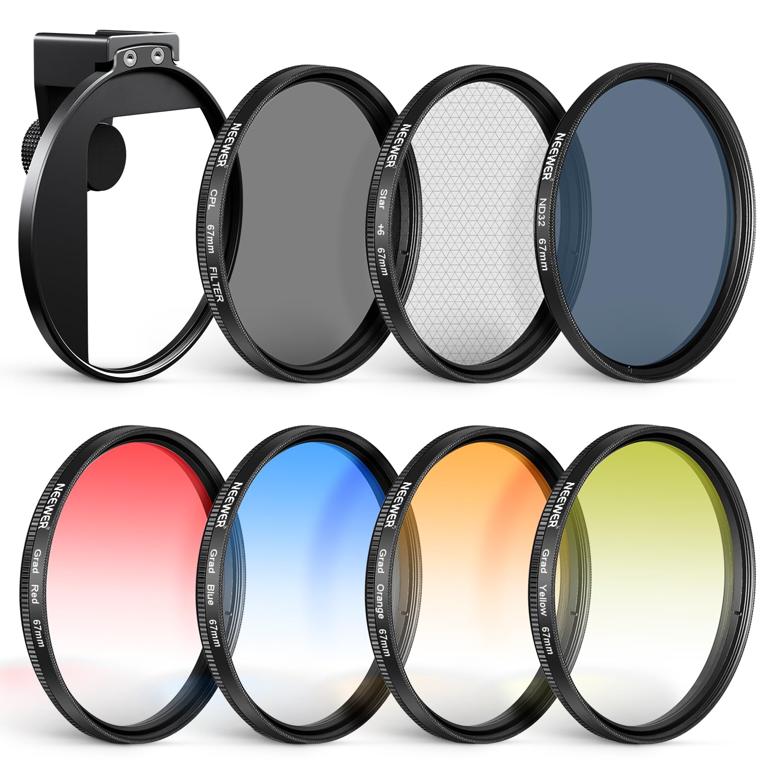 NEEWER 67mm Kit de filtres ND avec Clip Fixation pour Griffe Flash,7 Pack filtres: 4 filtres dégradés de Couleur+étoile+ND 32+CPL.Compatible avec iPhone 17 16,Android Samsung Galaxy S26 Ultra,FL-P15