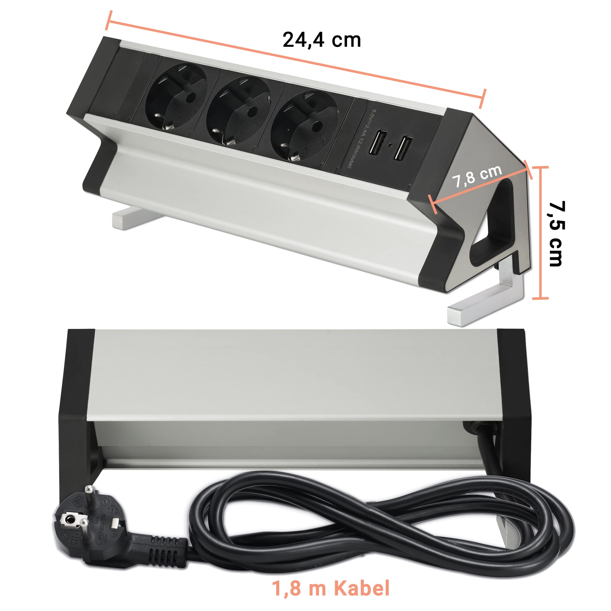 Mehrfachsteckdose 3-Fach Steckdosenleiste mit 2-Fach USB 1,8m Kabel - als Tischsteckdose und Möbelsteckdose - Rückstandslose Montage Küche Büro Schreibtisch