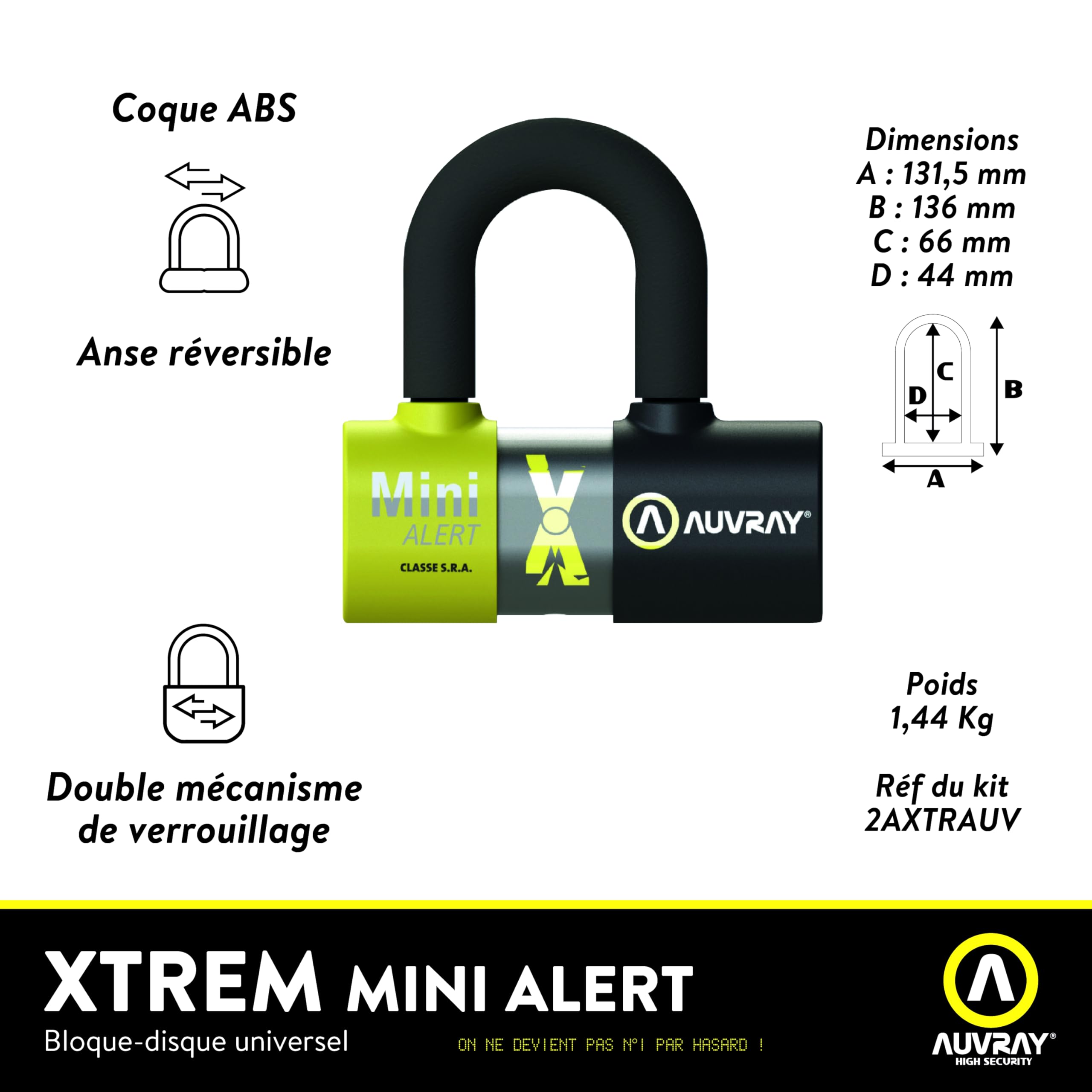 AUVRAY - Antivol Bloque Disque Moto XTREM Mini Alert - Certifié Art 4329 & SRA - Alarme intégrée 120 DB - Niveau de sécurité 9/10 - Haute sécurité - Recommandé par Les Assureurs - Garantie 10 Ans