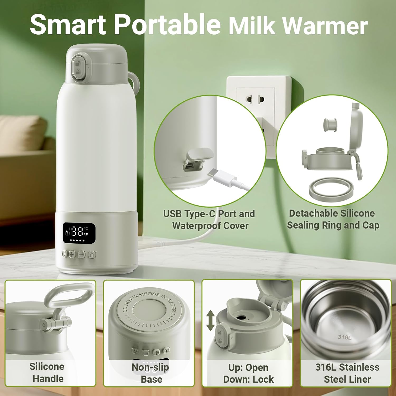 Portable Milk Warmer, 17oz Large Capacity Bottle Warmer for Baby, Fast Heating for Breast Milk & Formula & Water, Long Battery Life Portable Bottle Warmer for Travel with Pasteurization - Image 9