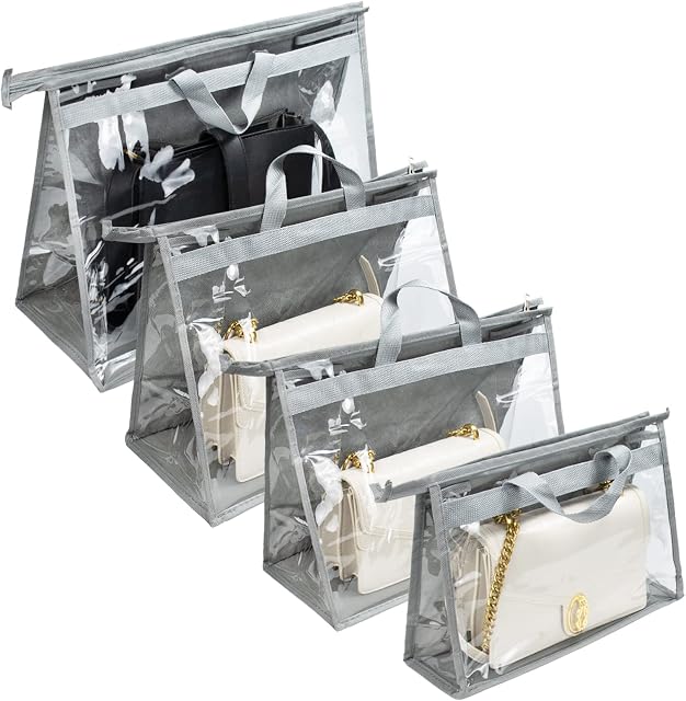 EsLuker.ly 4 Pack Clear Handbag Storage Organizer Dust Cover Bags, 4 Assorted Sizes Transparent Purse Storage Bag with Zipper and Handle for Hanging Closet (Grey)
