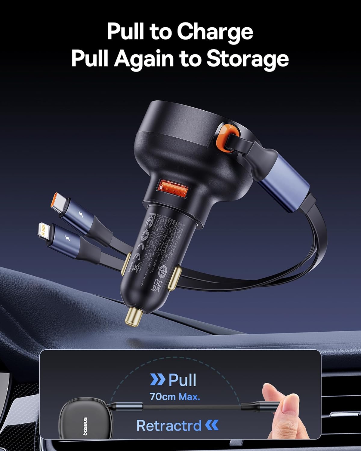 Hand pulling a retractable cable from the car charger