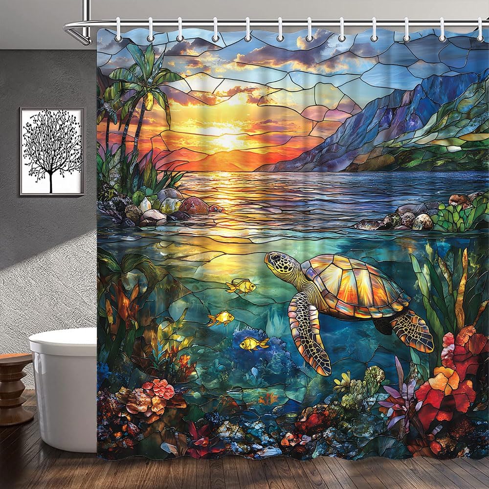 Sea Turtle Shower Curtain Stained Glass Nautical Tropical Fish Shell Ocean Coastal Palm Tree Mountain Sunset View Abstract Landscape Bathroom Decor Polyester Fabric Curtains with Hook 90Wx70H Inches