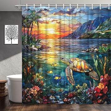 Stained Glass Sea Turtle Shower Curtain Tropical Ocean Sunset Underwater Scene with Coral and Fish Palm Tree Abstract Summer Mountain Bathroom Decor Polyester Fabric Curtains with Hook 70Wx70H Inches