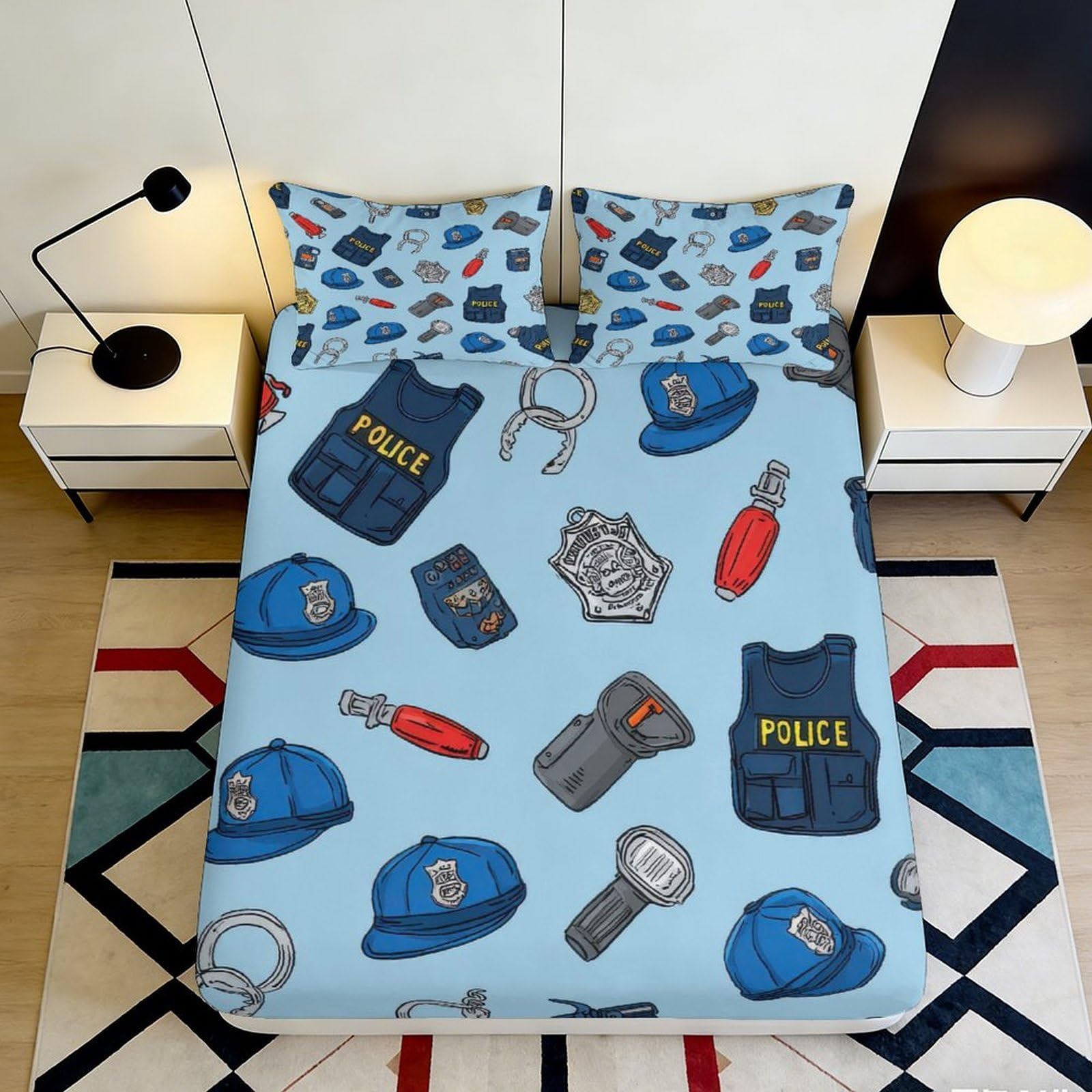 3D Printed Police Pattern Fitted Sheet Microfiber Soft Breathable Law Enforcement Bed Cover for Bedroom Dormitory Guest Room Mattress Protection 180x200x25cm