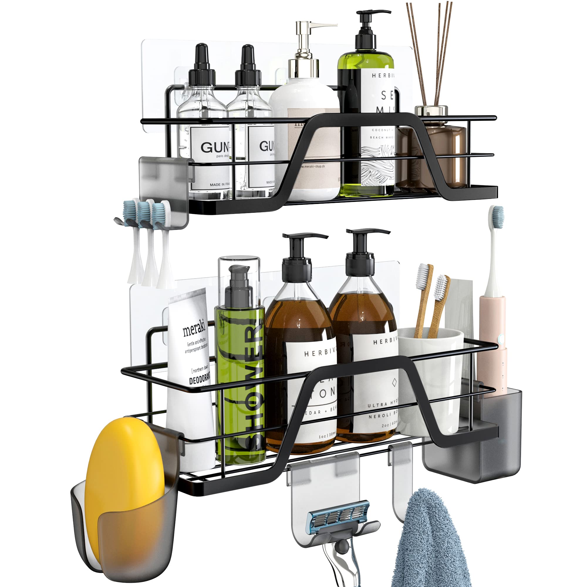 XCPPLV Shower Caddy Organizer Shelves with 10 Hooks No Drilling Bathroom Shower Organizer Storage Rack Adhesive Shower Basket Shelf Rustproof Stainless Steel, Black